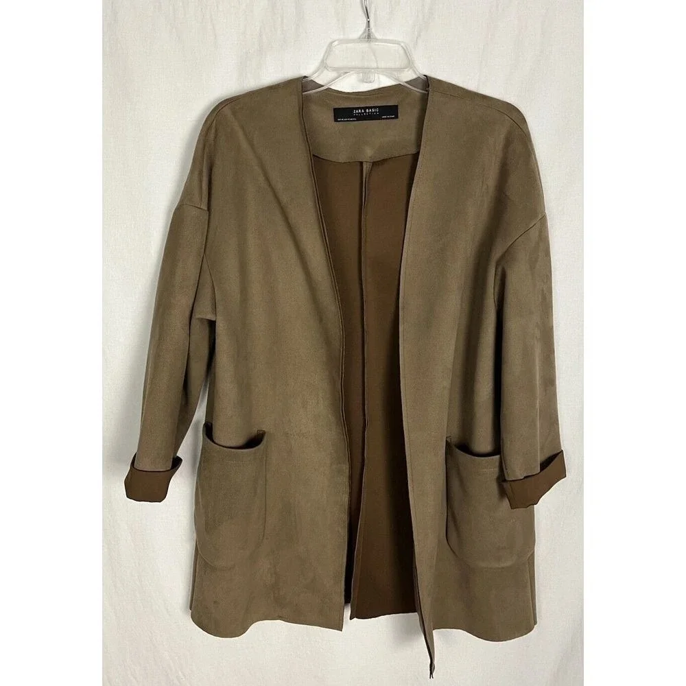 Zara Basic Faux‎ Suede Coat Size XS Long Sleeve Tan Open Front Oversized Jacket
